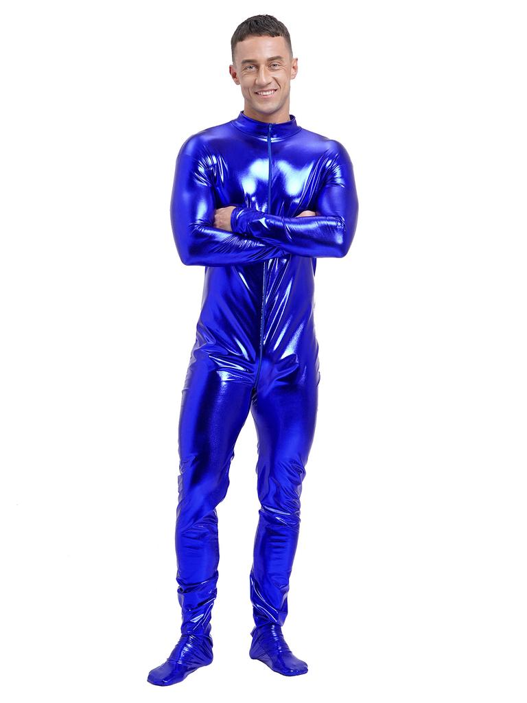 Męski Metaliczny Kombinezon Zentai Całe Ciało Obcisły Golf Długi Rękaw Kostium na Występy Klubowe