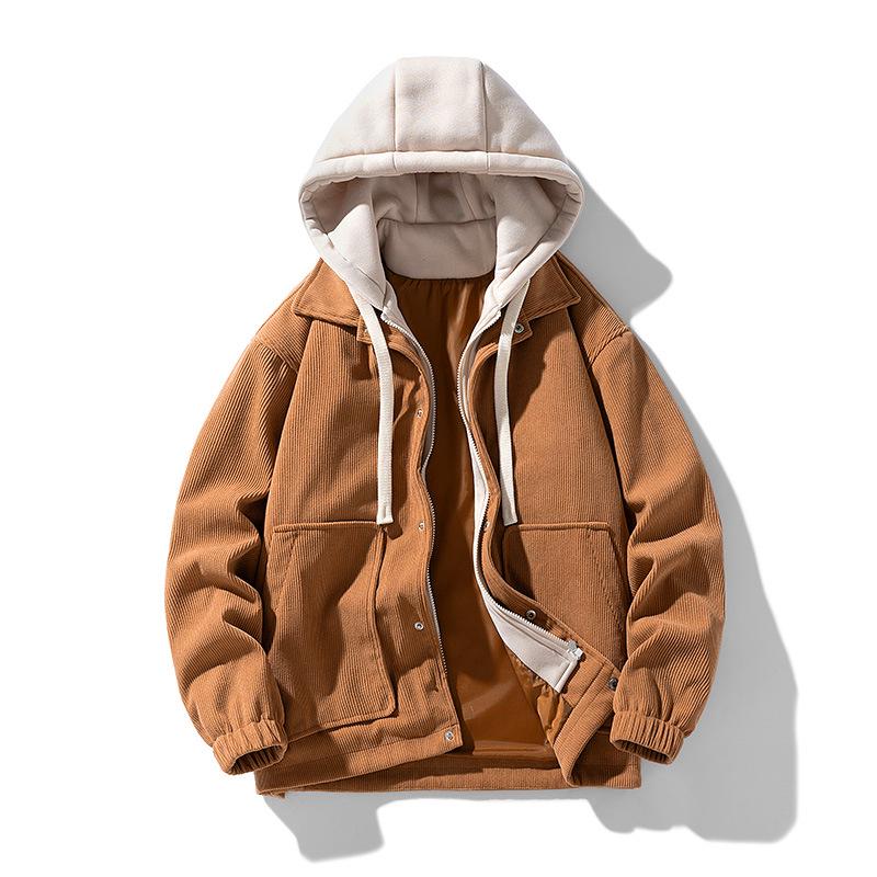 Japanese Trendy Corduroy Hooded Jacket with Fleece Lining: Autumn/Winter Hong Kong Style for Men