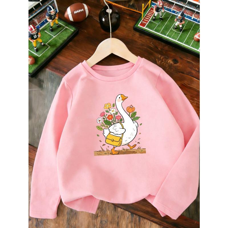 European sizes Kids Outdoor Long Sleeve Tops Cartoon White Goose Print Flowers Green Leaves Yellow Bag Skinfriendly Soft Comfortable Breathable