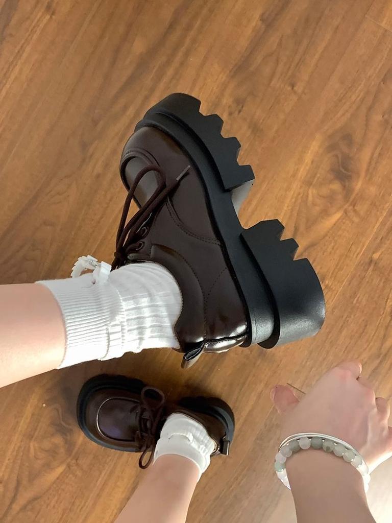 British style platform versatile thick heel heightening single shoes brown retro lace-up small leather shoes women's autumn 2024 new models