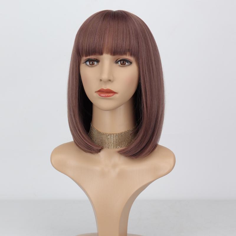 MERISIHAIR Women Short Straight Bob Brown Wig with Bangs Synthetic Fiber Shoulder Length Natural Brown Daily Wear Wig