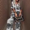 Black & White Floral Print Short Sleeve Shirt and Wide Leg Pants Set