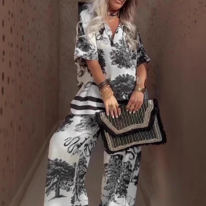 Black & White Floral Print Short Sleeve Shirt and Wide Leg Pants Set