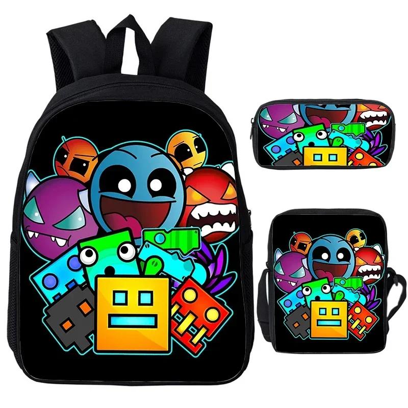 Angry Geometry Dash Cartoon Print Children Backpack 3Pcs Set Boys Girls School Bags Large Capacity Bookbag Back To School Gifts