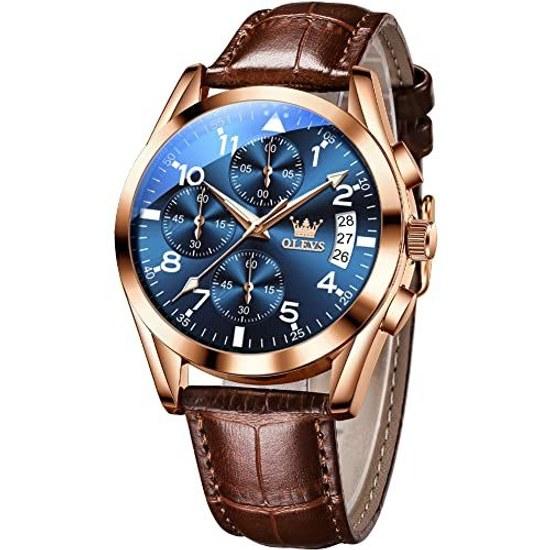 OLEVS Mens Watch Business Leather Quartz Date Luminous Waterproof Men Fashion Analog Wristwatch Stylish Blue Dial Cool Casual Arabic Numbers Easy Read
