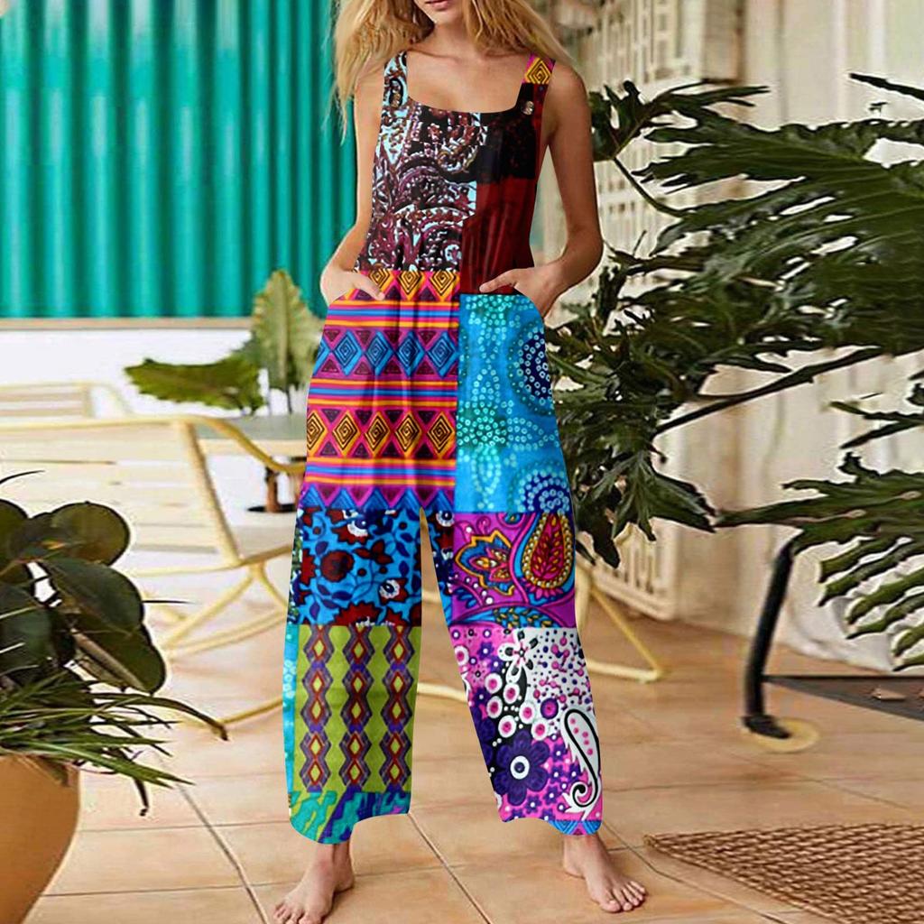 Women's Casual Straight Jumpsuit Sleeveless Bohemian Printed Jumpsuit