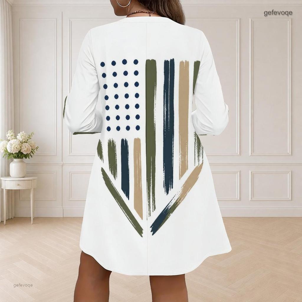 Women Plus Size V Neck Long Sleeve American Flag Printed Loose Curved Hem Dress
