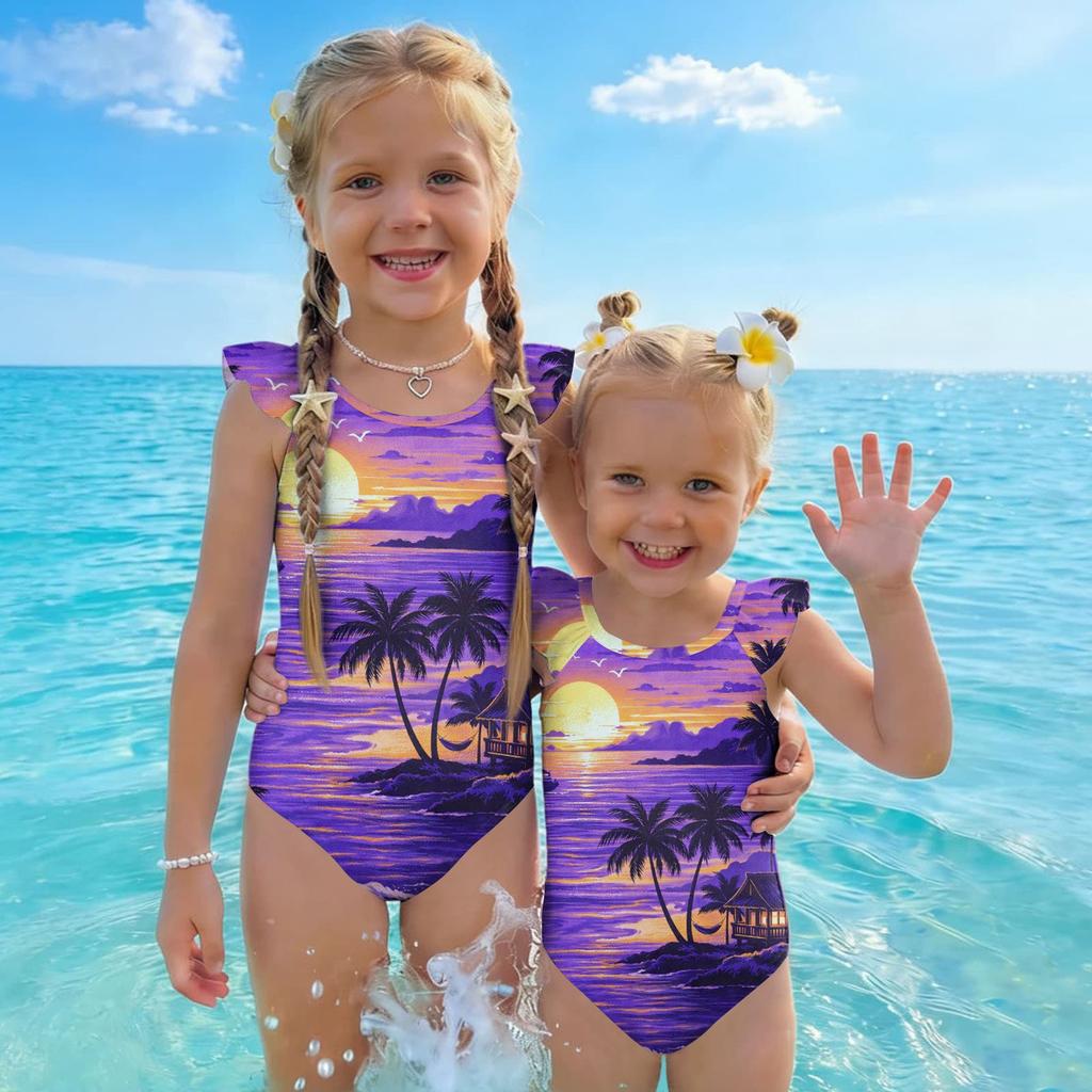 Costume da bagno intero per bambina Estate Stampa Hawaiana Costumi da bagno Bambini Moda Casual Manica a volant Abbigliamento da spiaggia Costume da bagno per bambini
