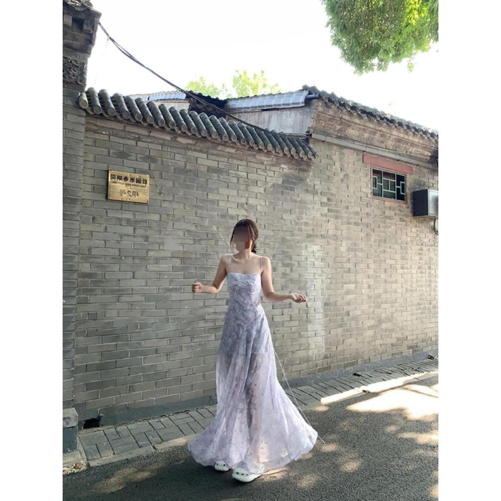 French unique and beautiful printing seaside suspender dress female super fairy vacation style atmosphere beach dress summer