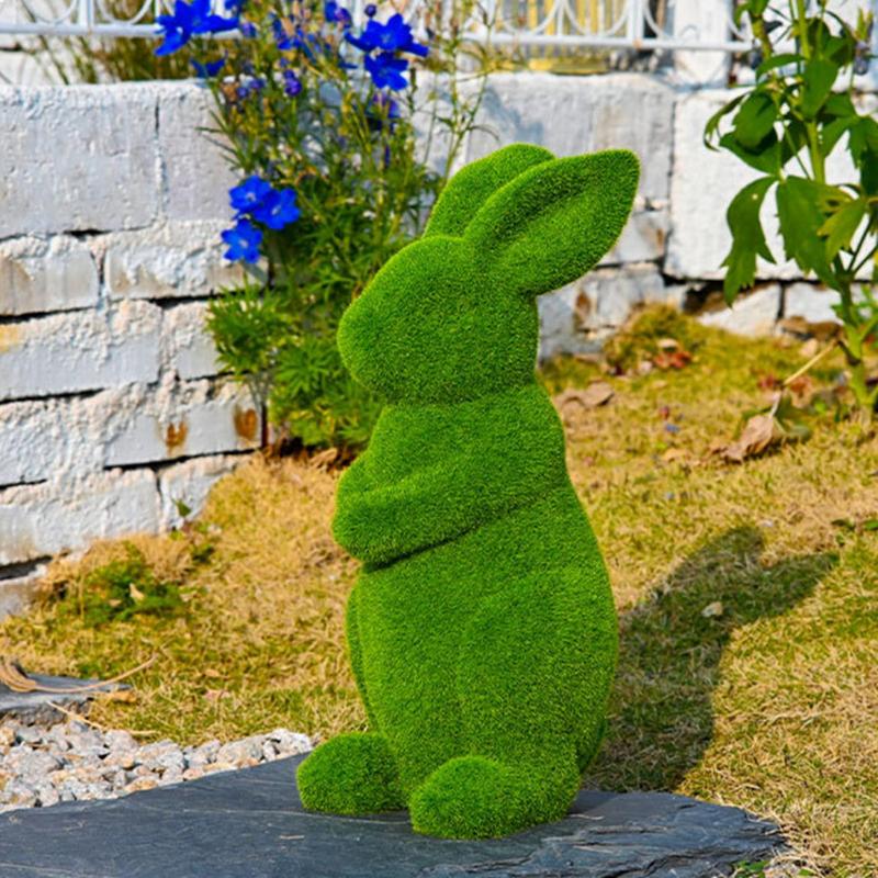 Easter Green Moss Bunny Standing Figurine Weatherproof Outdoor Garden Statue Desktop Ornament for Easter Party Kids Gift