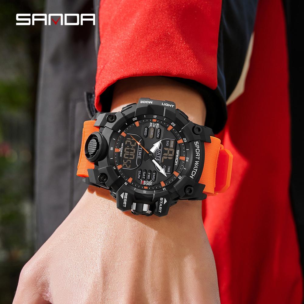 SANDA Sports Military Men's Watches Luxury Dual Display Watch 50M Waterproof Quartz Wristwatch for Male