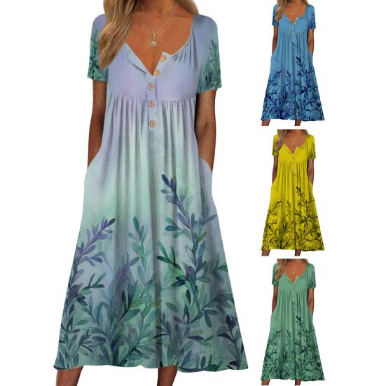 Sweet Midi Dress Leaf Print Dress-up Casual Breathable Women Summer Lady Garment