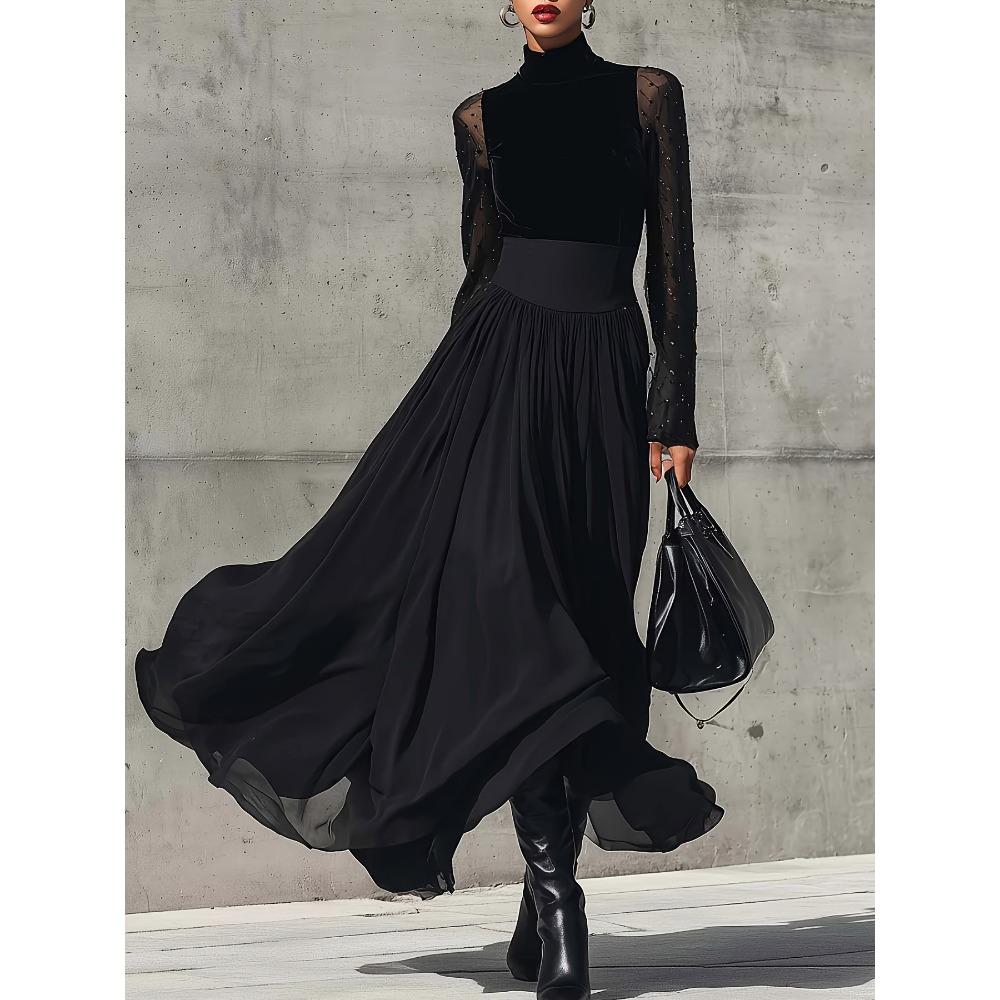 Women s High Waist Chiffon Midi Skirt Solid Pleated Flowy A Line Long Maxi Skirt Elegant Casual Half Skirt S чёрный