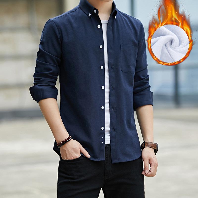 Winter Padded Thickened Warm Shirt Men Long Sleeve SlimFit Casual Business Dress Shirts Solid Color White Shirt