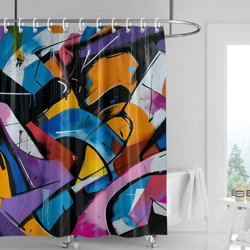 Graffiti Art Shower Curtain-Neon Splash Waterproof Bathroom Decoration with Handwritten Edge, Modern Bathtub Shower Curtain