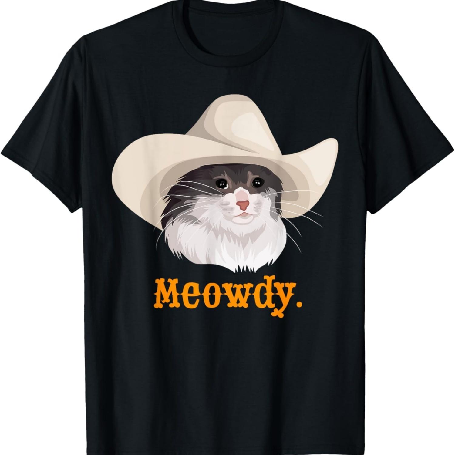 Meowdy Sad Cat Wearing a Cowboy Hat Meme T-Shirt S чёрный