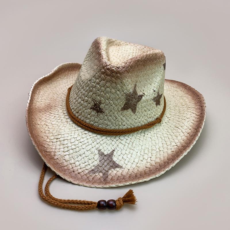 Personality Gradual Change Hottie Star Cowboy Hat Ladies Niche Outdoor Shading Graffiti Vacation Straw Hat 56-58cm коричневый