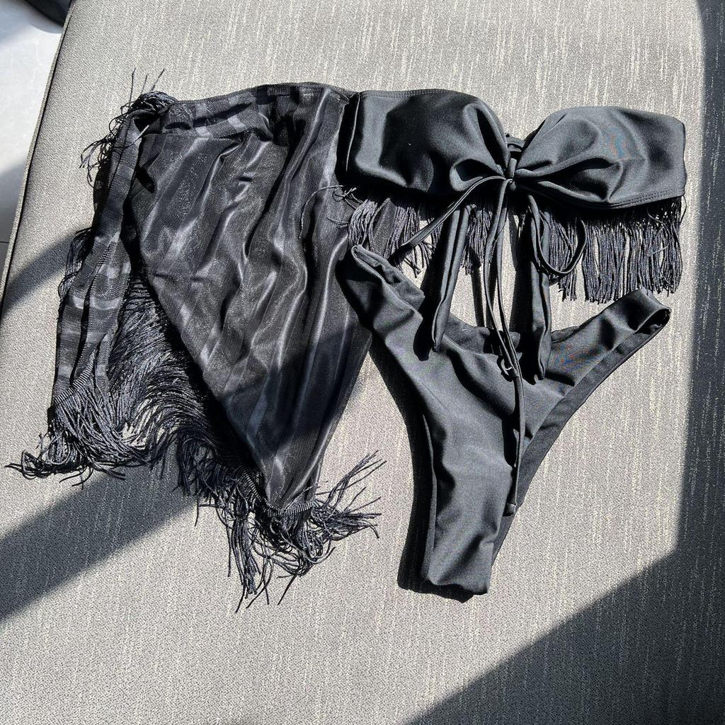 2025 European & American Tassel Mesh Bandeau Halter Three-Piece Bikini Swimsuit