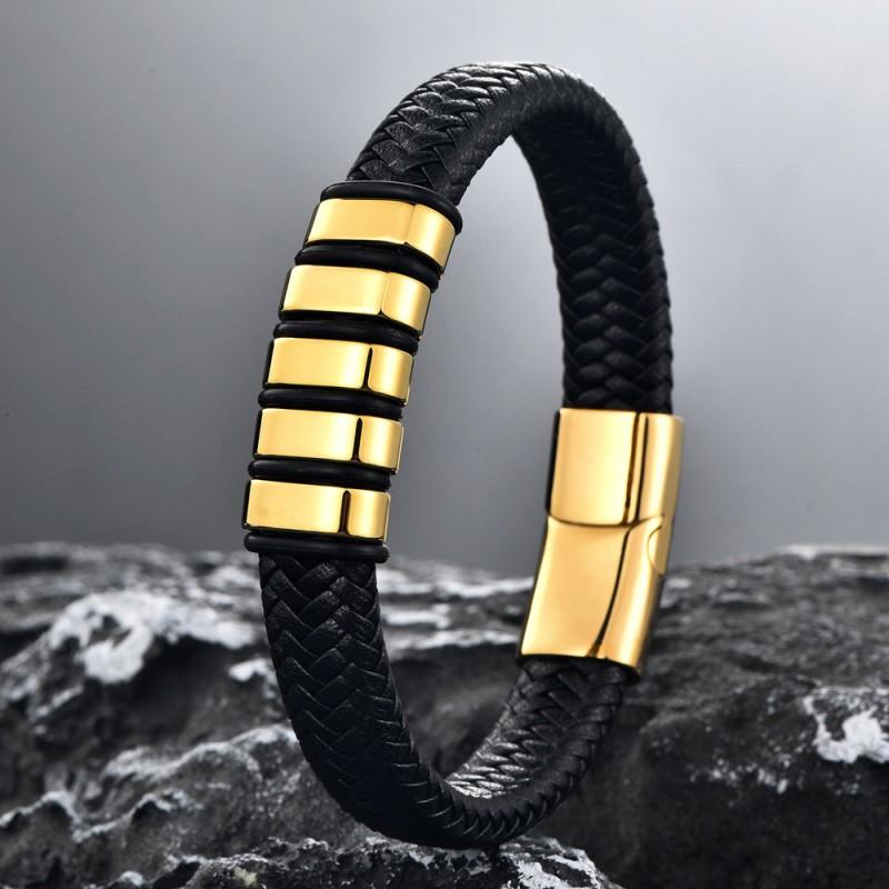 Mens Stainless Steel Braided Leather Bracelet With Magnetic Clasp Geometric Design Fashion Accessory Office Casual Wear