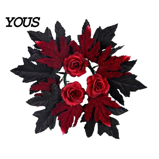 Realistic Festival Ornament Halloween Floral Candle Ring, Artificial Maple Rose Wreath for Scary Theme Party Decor Holder, Spooky Table Centerpiece