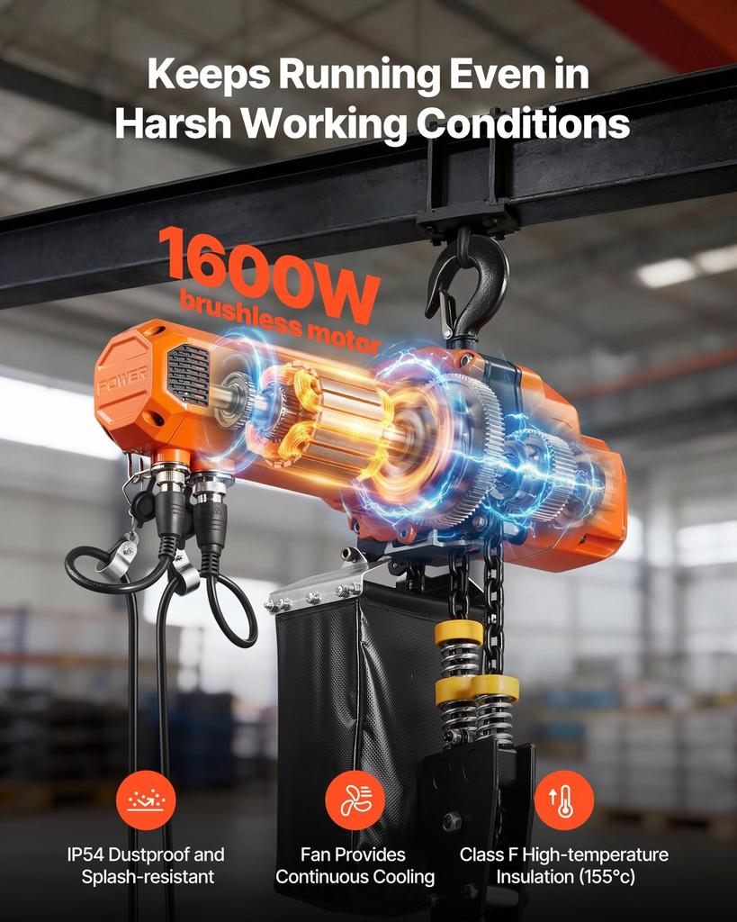 1000 kg Electric Chain Hoist, 6 m Lifting Height, 230V Single Phase Overhead Crane with 4.5 m Wired Remote Control, G100 Chain Electric Lift Hoist for