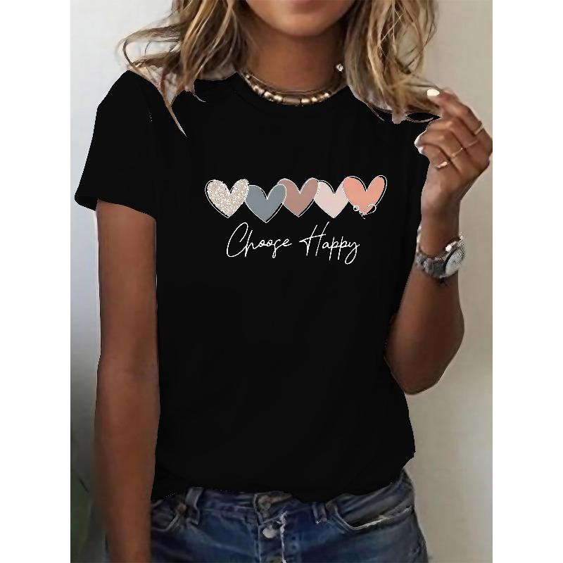 European Size Women'S Clothing Featuring a Cute Short Sleeve Crew Neck T-Shirt with a Heart & Happy Slogan Print