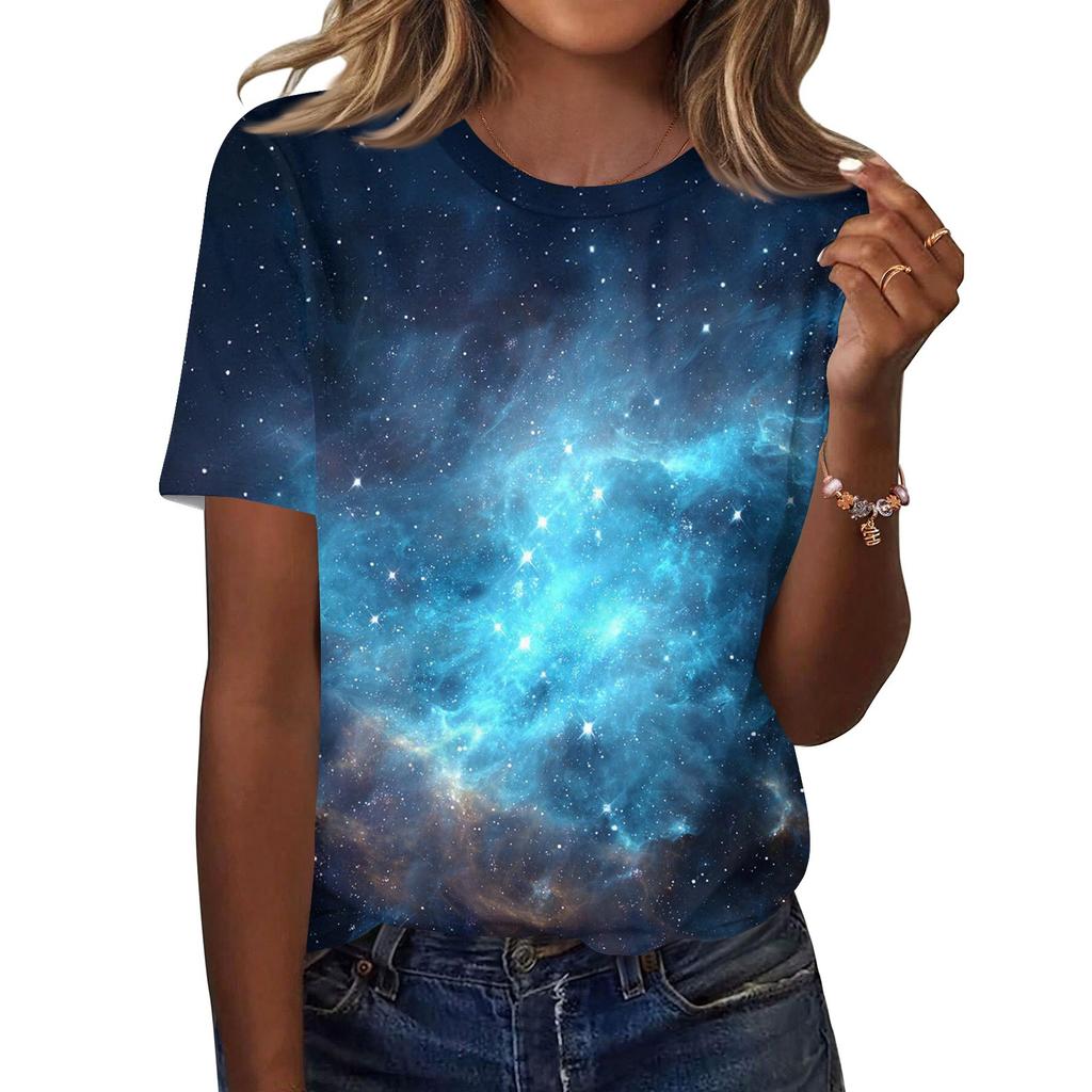 Women's Fashionable Casual Short Sleeve Print Round Neck Pullover Top