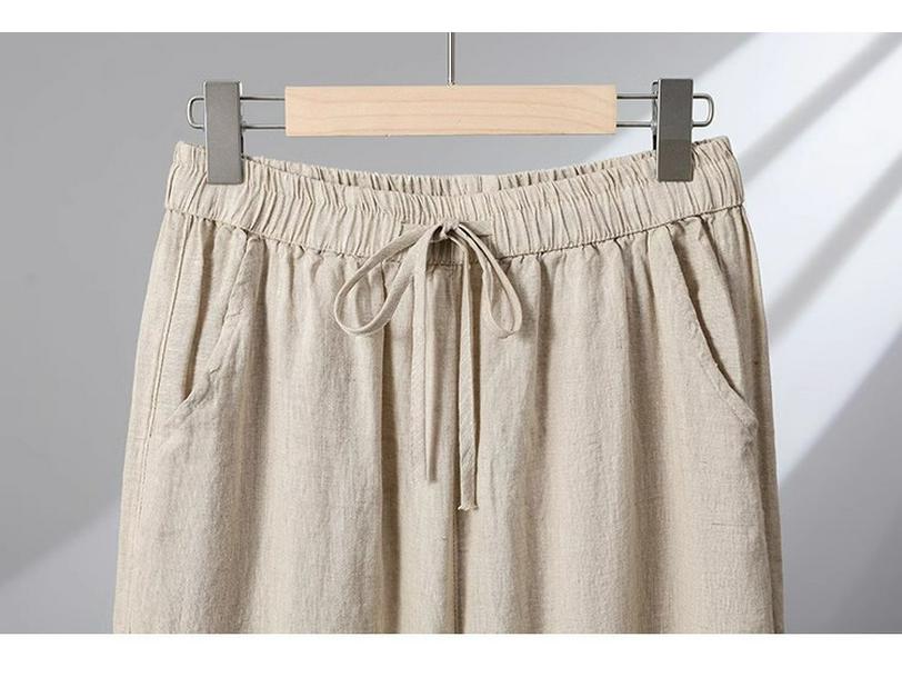 Women's High-Waisted Cotton Linen Wide-Leg Pants - Spring/Summer/Fall, Plus Size, Nine-Point, Drawstring, Casual Japanese Style