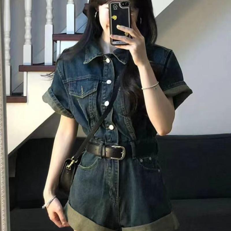 

Американские ретро джинсовые комбинезоны для женщин на лето новый дизайн облегающие талию стройнящие модные повседневные и цельные шорты костюм S синий