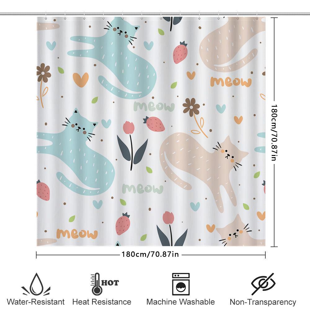 Modern Home Decor: Adorable Cat Shower Curtain Set For Bathroom Pink Blue Floral Pattern With Strawberry Design Easy Install Hoo