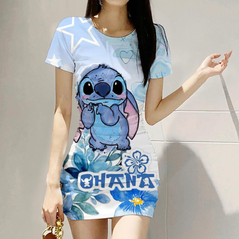 2026 Summer Disney Stitch 3D Cartoon Printed Girl Dress Short Sleeve Women's/Adult Parent-Child Dress Kawaii Beach Party Dress