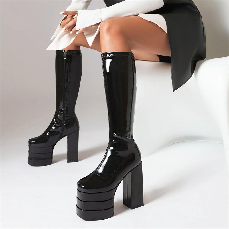 Schwarze Kniehohe Stiefel Damen Plateau Sexy Gothic Punk Absätze Damen Winter Oberschenkelhohe Stiefel Fetisch Partyschuhe Damen Große Größe