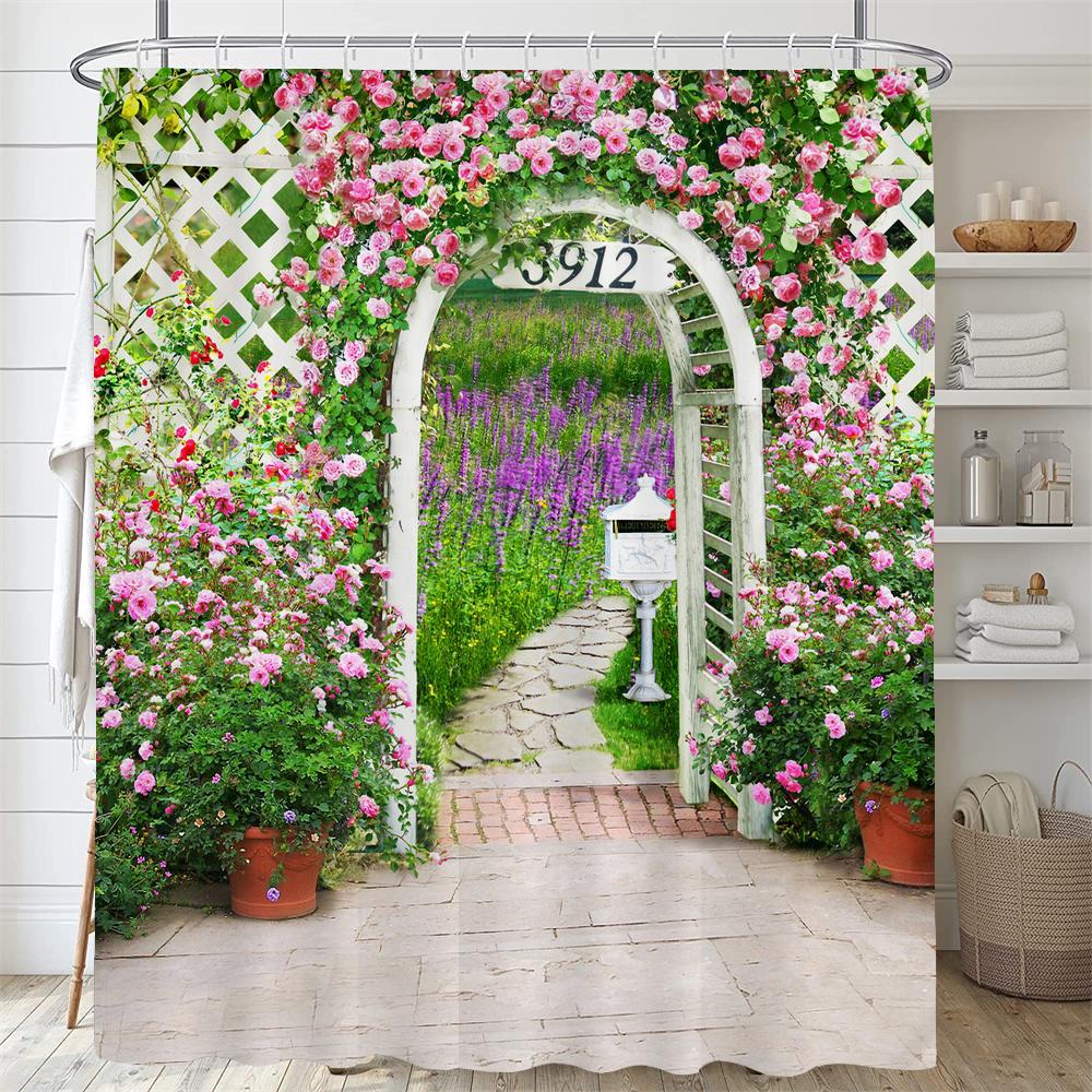 Beautiful Pastoral Garden Scenery Shower Curtain Rose Garden Flower Polyester Waterproof Bathroom Shower Curtain Decor Curtain