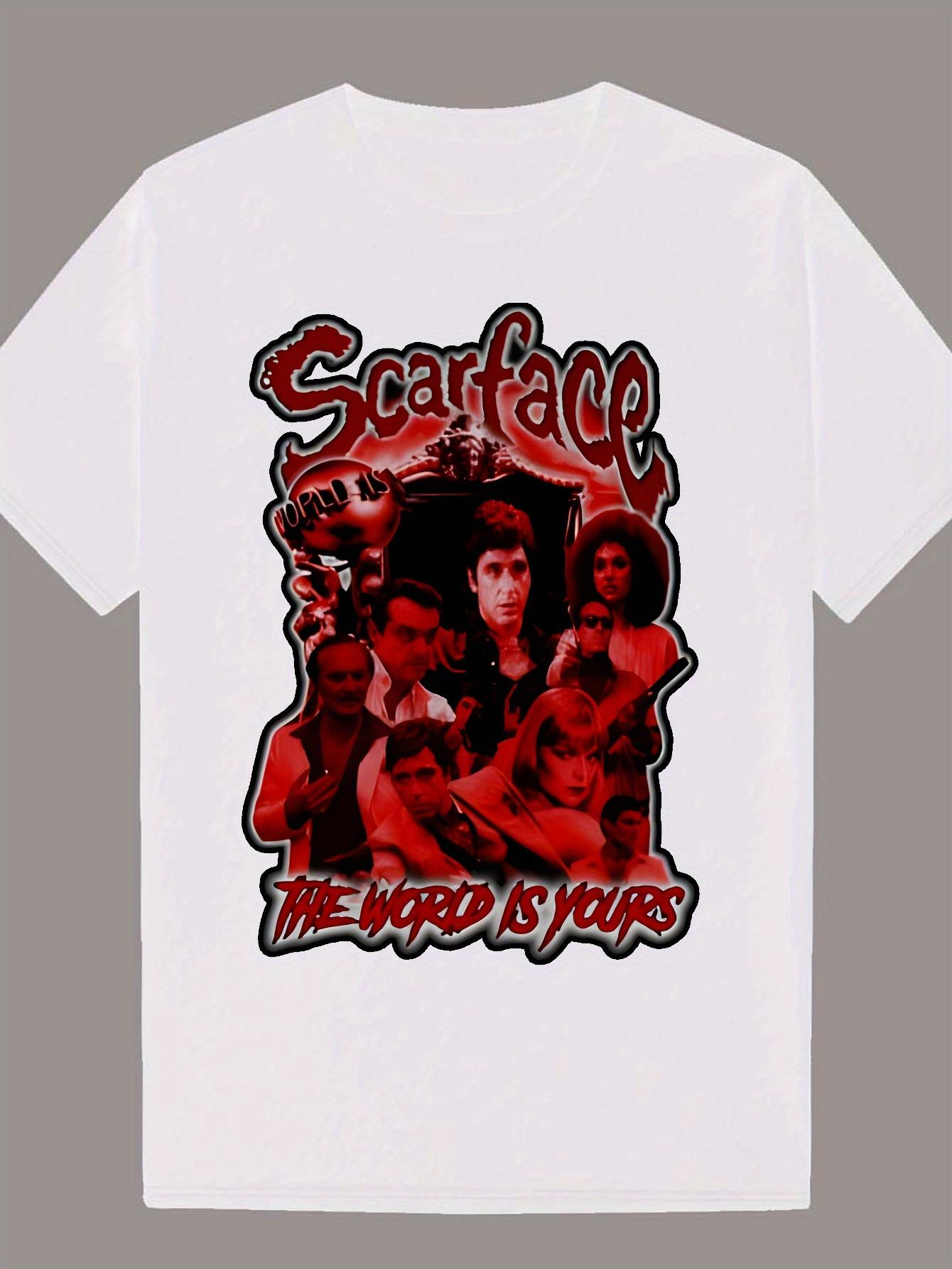 Crew Neck Polyester T-shirt with  Scarface  Graphic Print - Bold Red Lettering M