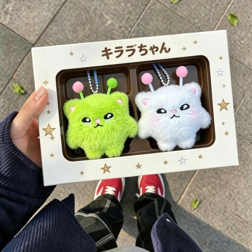2PCS Cute Alien Cat Plush Keychain Kawaii Space Kitty Character Keyring Fan Collection Gift Accessories