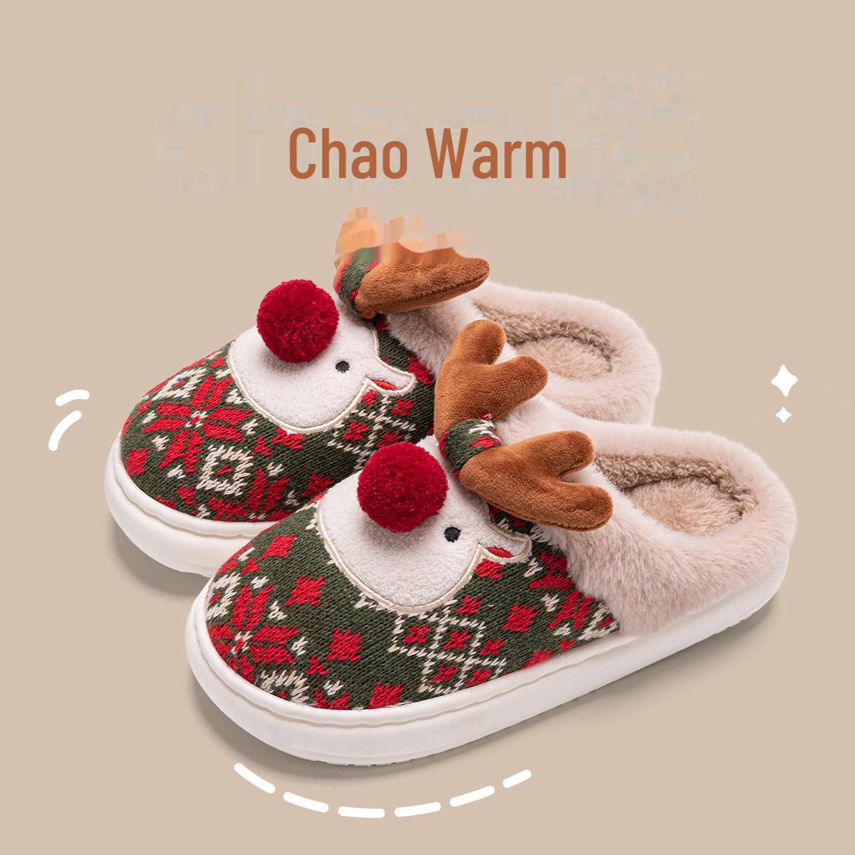 

Женские зимние тапочки 2025 года с милым нескользящим пушистым принтом лося - Рождественские хлопковые тапочки для дома и улицы 38-39