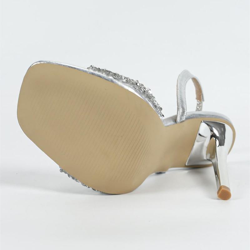 Fashion Crystal Rhinestone Super High Heels Women Sexy Square Head Open Toe Back Strap Heeled Sandals Elegant Silver Party Dress Shoes