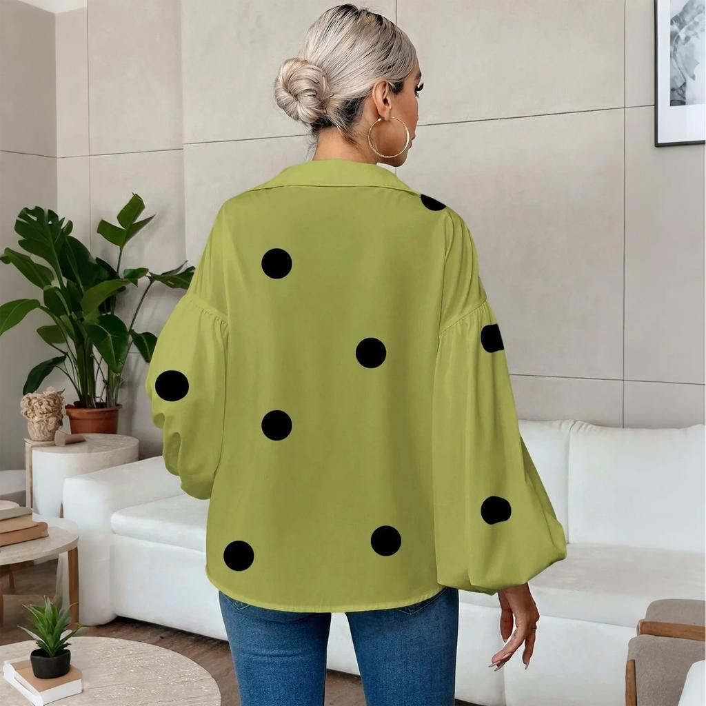 Women's  Casual French Polka Dot Half Open Neck Loose Bubble Long Sleeve Top
