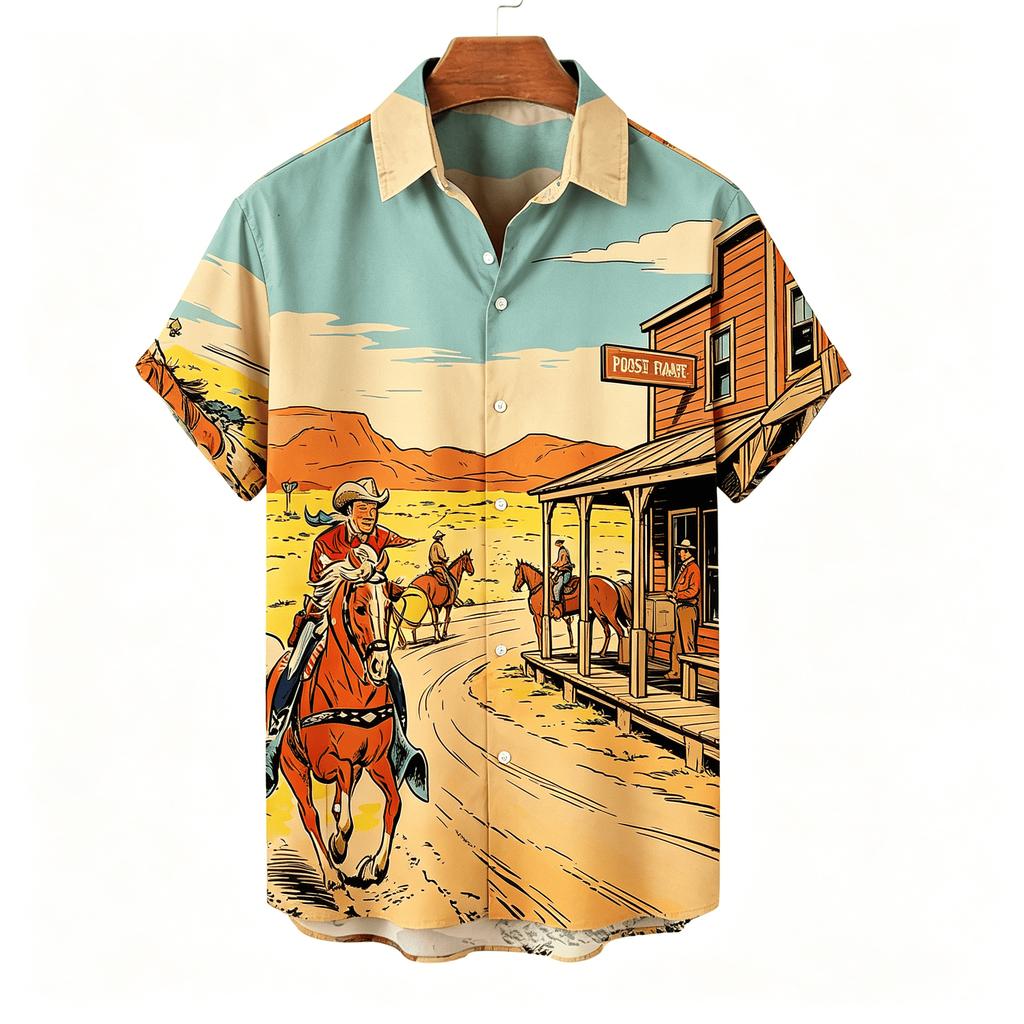 Men's Western Cowboy Rodeo Print Short Sleeve Shirt, Retro Comic Style, Casual Summer Vacation