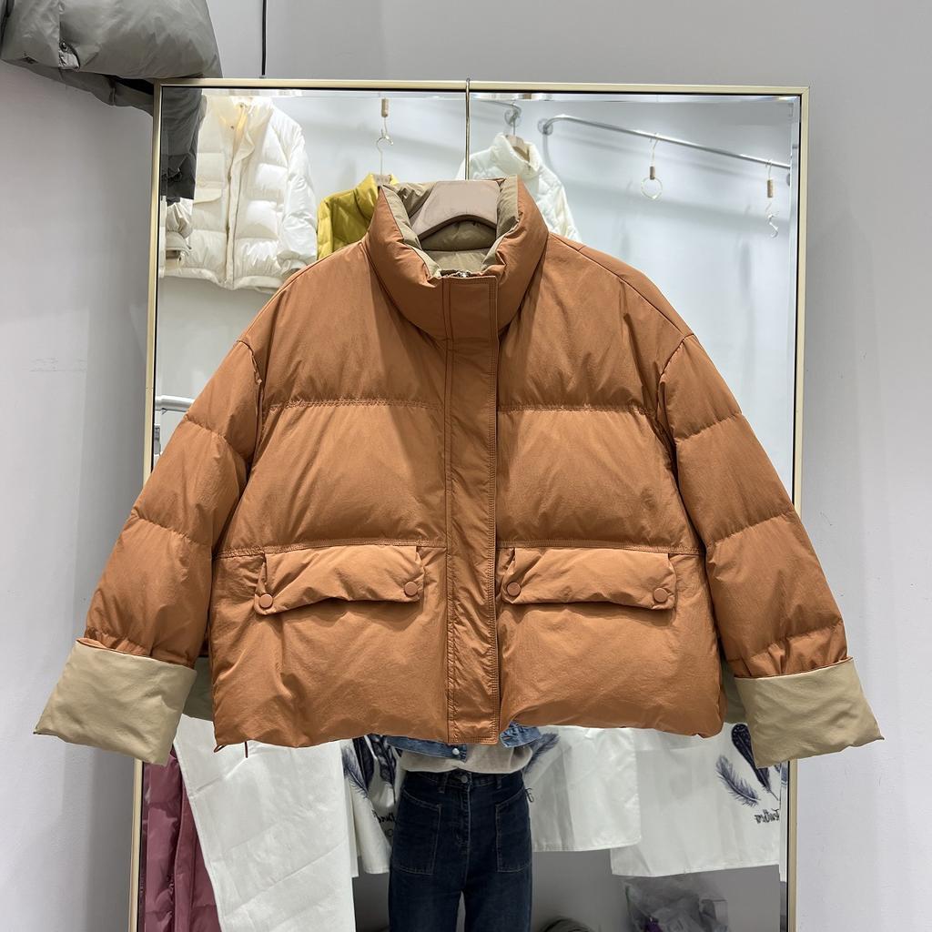 Winter New Down Jacket Women's Short Stand-up Collar Contrasting Colors Thickened Loose Warm Bread Jacket White Duck Down Jacket