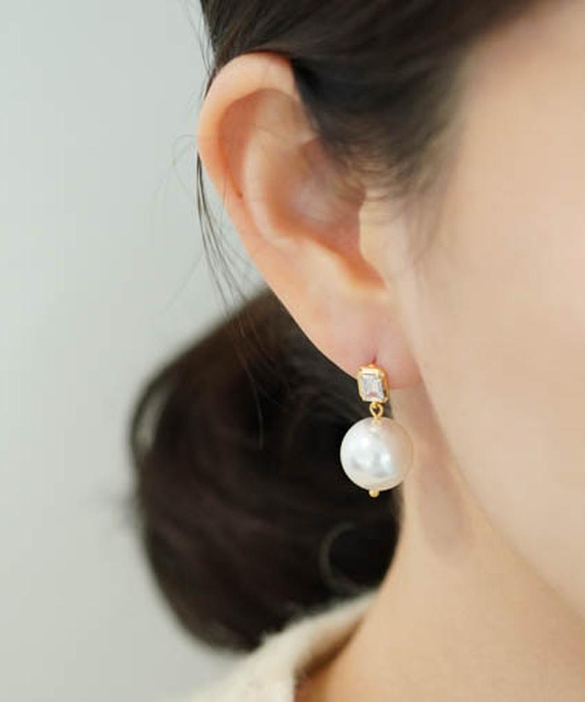 Alleun Silver 925 Cubic Square Bold Drop Large Pearl Silver Earrings