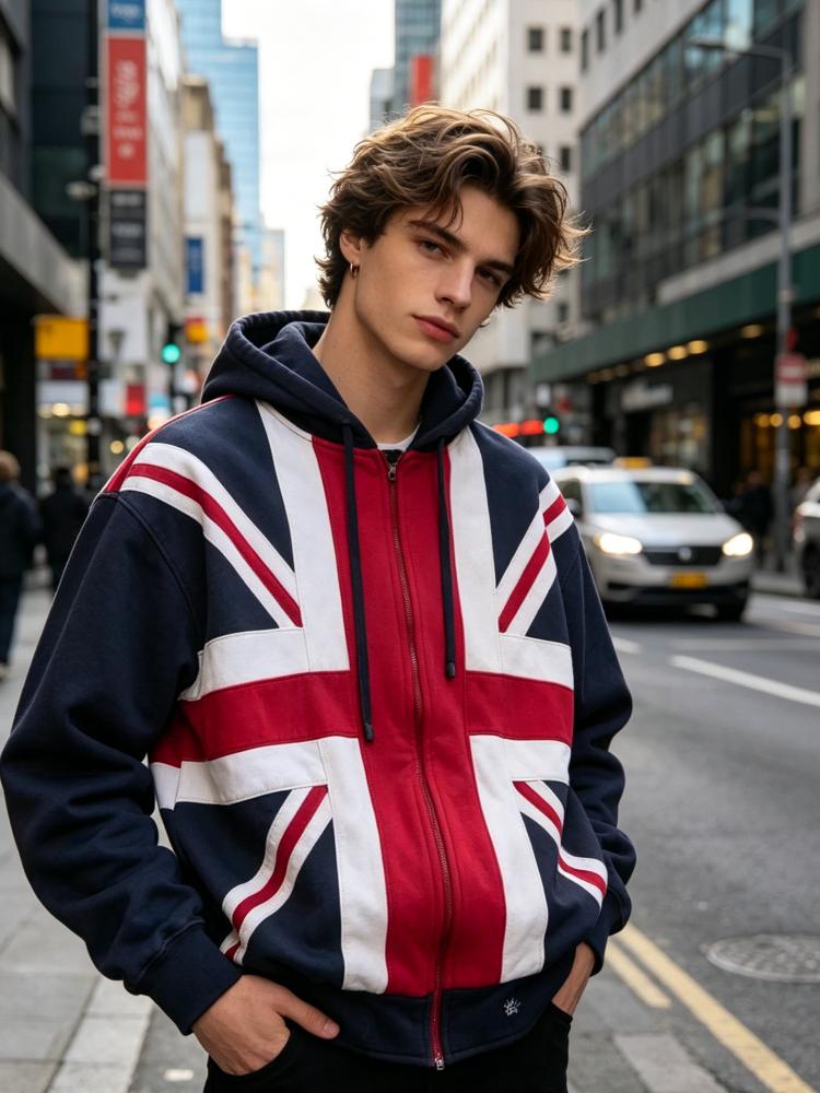 Harajuku Style Full Zipper Hooded Jacket, Retro British Flag Print, Street Casual Daily Men's and Women's Hoodie