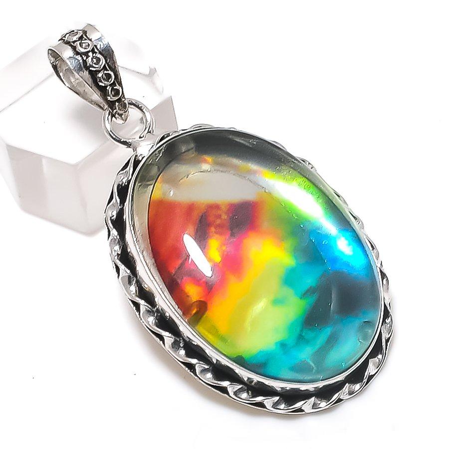 Natural Ammolite Gemstone 925 Sterling Silver Jewelry Pendant 2.01" N3b55