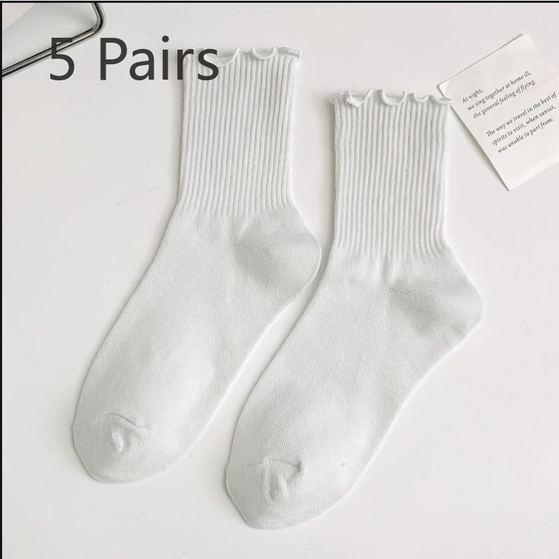 5 Pairs of Wooden Ear Edge Socks Women's Mid-calf Spring, Autumn and Summer Models of Three-colour Cotton Socks Solid-coloured Lace Stacked Socks