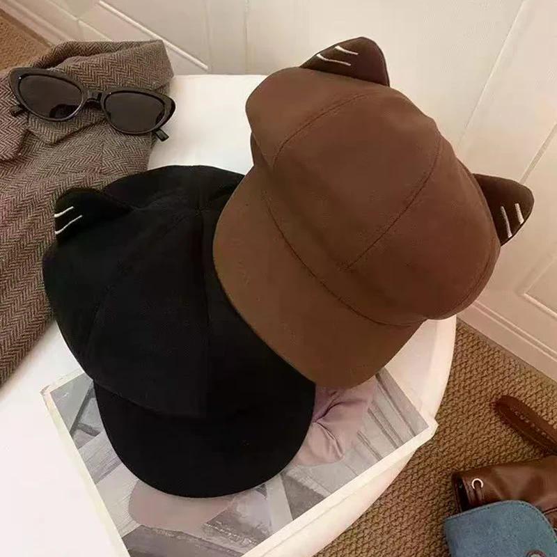 Japanese Style Cute Woolen Cat Ear Beret For Women Autumn And Winter Duckbill Octagonal Hat