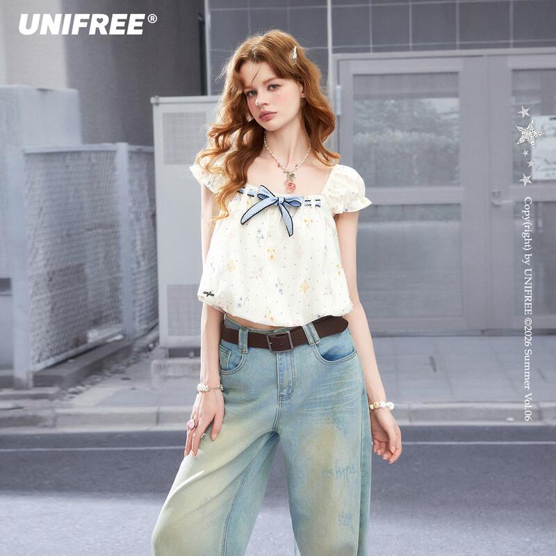 UNIFREE Women s Floral Print Loose Square Neck T-Shirt M