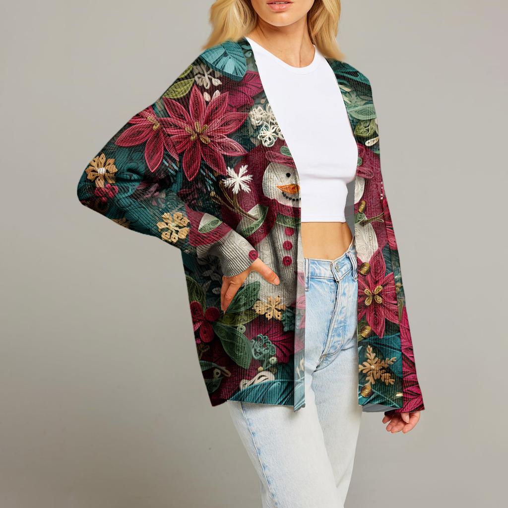 Women's Fashion Long Sleeve Print V-Neck Button Loose Cardigan Top