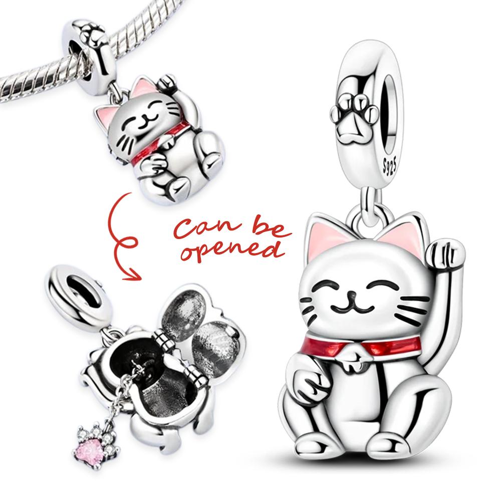 925 Silver Cute Kitten Lucky Cat Charm Can Be Opened Bead Pendant Fit Original Bracelet DIY Women Jewelry Gifts