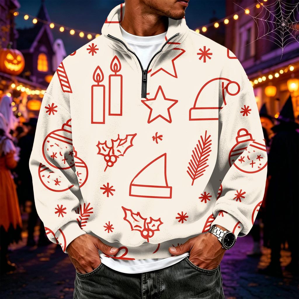 Men's Casual Flannel Quarter-Zip Long Sleeve Sweatshirt with Christmas Print