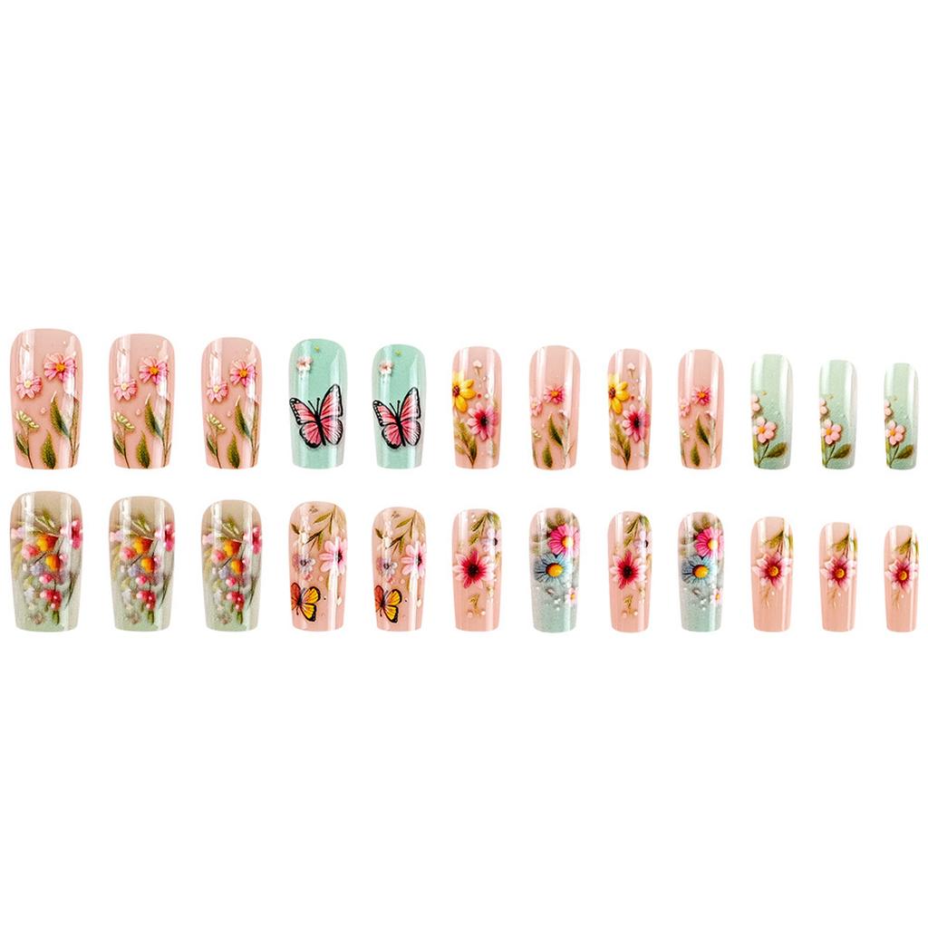 Square Press On Nails Flower Fake Nails Stick On Nails In 12 Sizes 24 Pcs French Nails Tips for DIY Nail Art Decorations